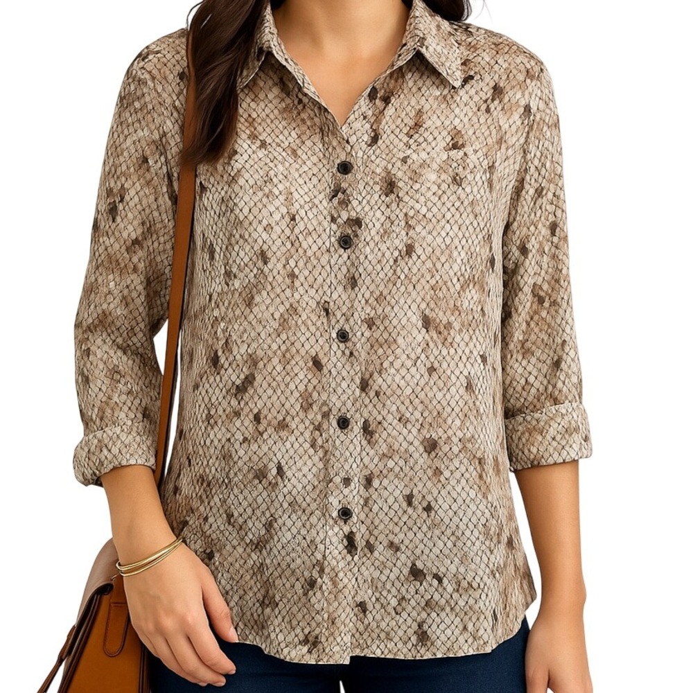NWT Womens L Snake Print Sheer Blouse POL Metallic Gold Stripe Button Up Top